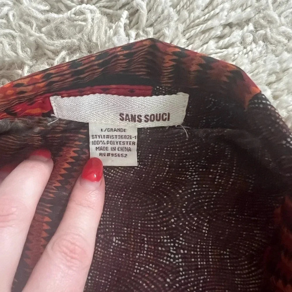 Sans Souci Orange Black Red Aztec Long Sleeve Button Down Sheer‎ Top Size Large - Picture 4 of 4